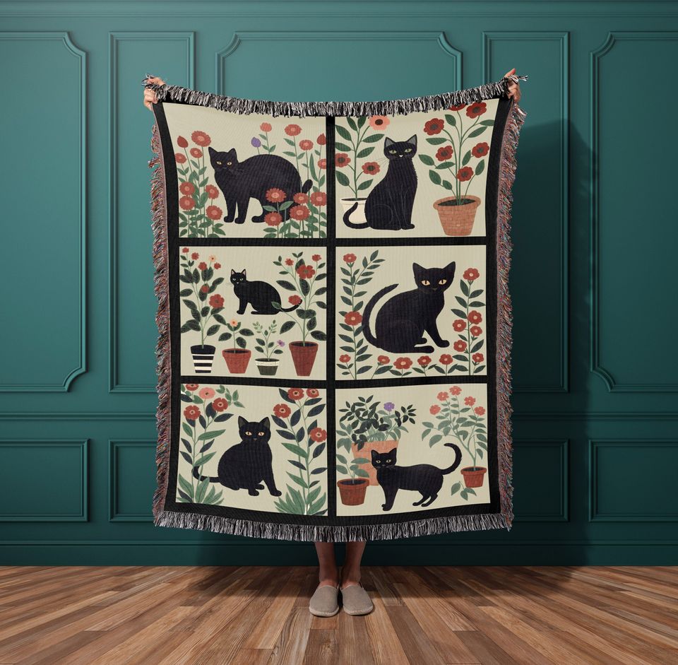 Black Cat Floral Woven Blanket
