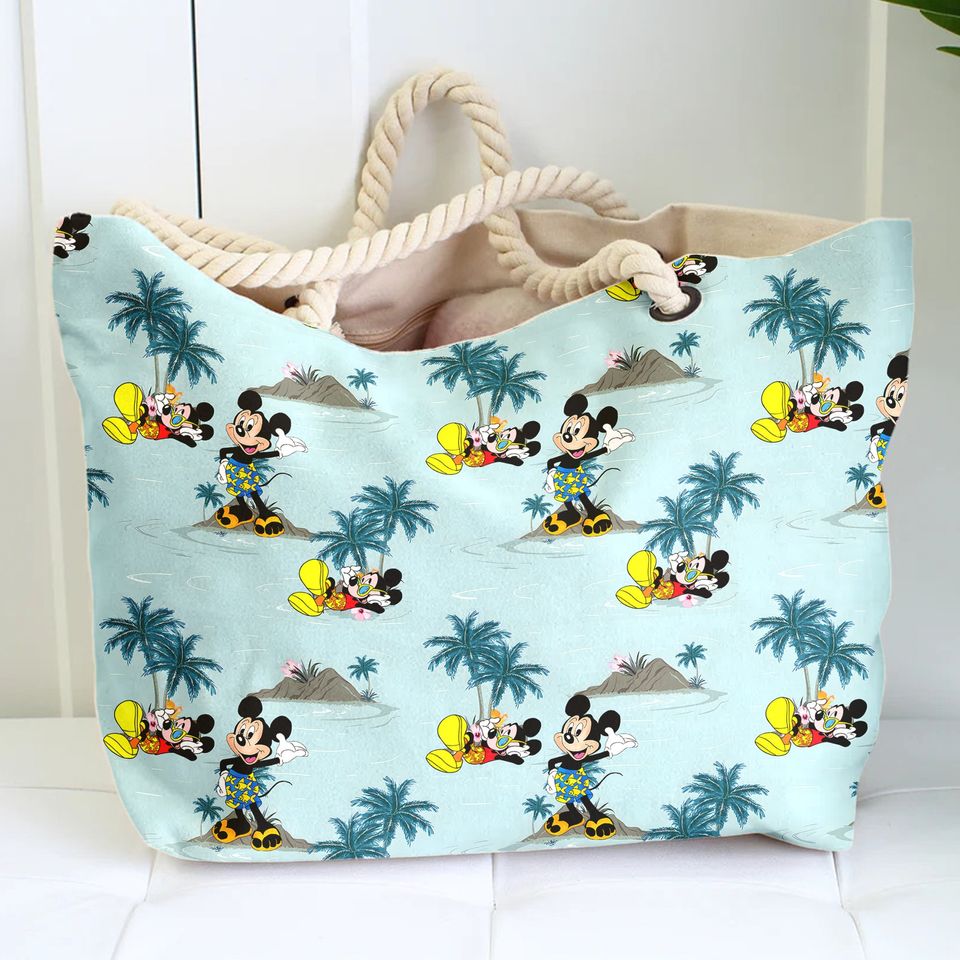 Personalized Mickey Mouse Hawaii Palm Tree Beach Bag, Mickey Mouse Tote Bag, Animated Movie Bag, Summer Vacation Gift For Mom, Daughter