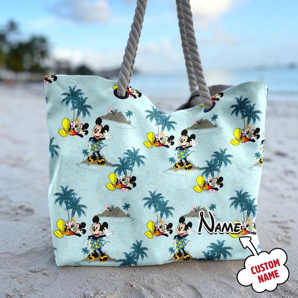 Personalized Mickey Mouse Hawaii Palm Tree Beach Bag, Mickey Mouse Tote Bag, Animated Movie Bag, Summer Vacation Gift For Mom, Daughter