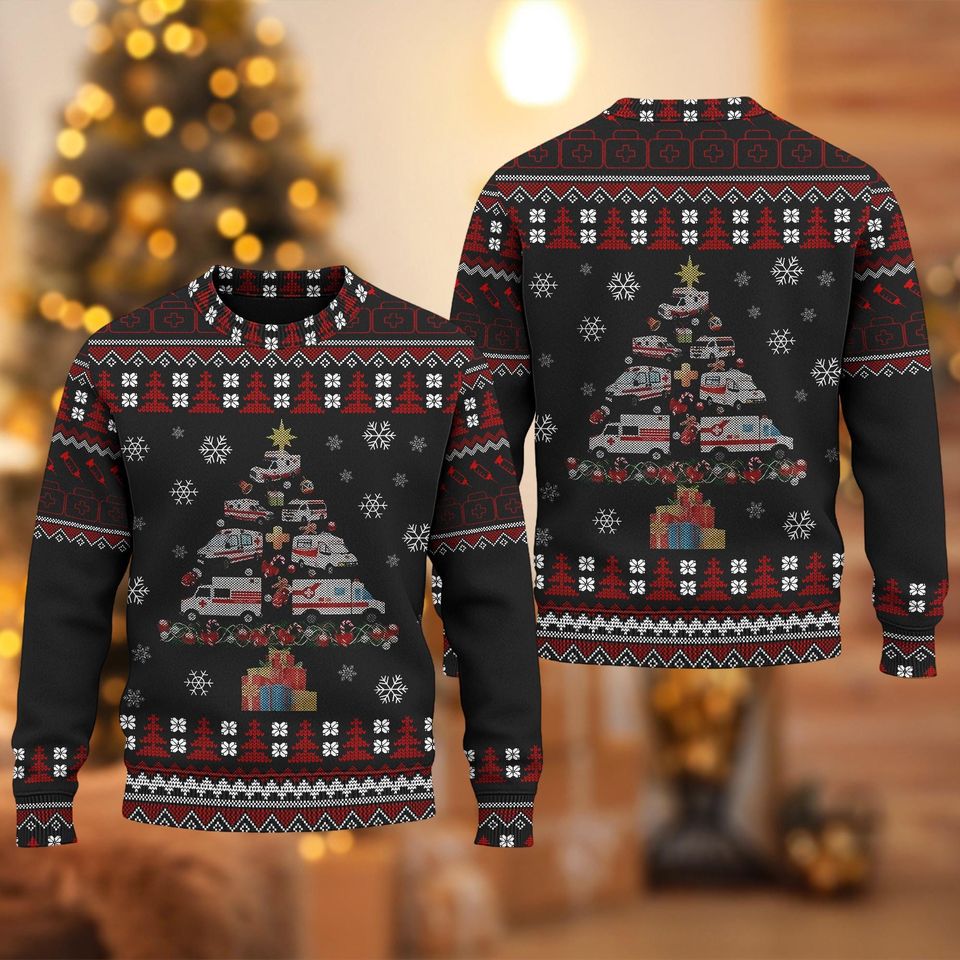 Paramedic Ambulance Ugly Christmas Sweater, Ambulance Christmas Tree Sweatshirt, Funny Xmas Ugly Sweater Paramedic Gift, Driver Xmas Shirt