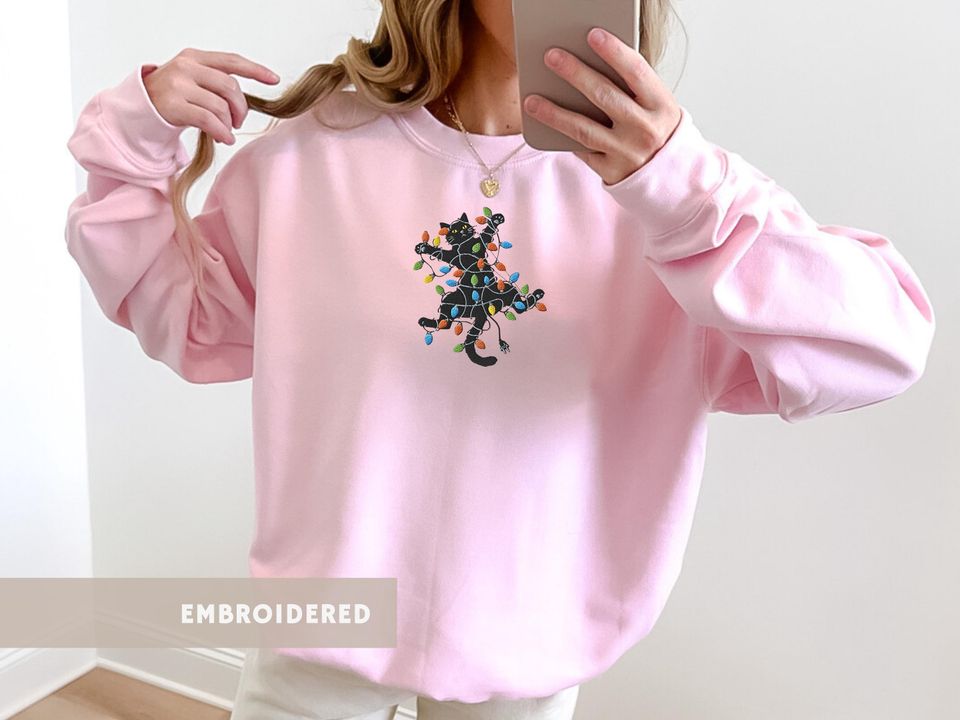 Black Cat Embroidered Sweatshirt Festive Lights Jumper Funny Holiday Jumper Cute Gift for Cat Lover Ugly Sweater Cozy Gift Cat Embroidery