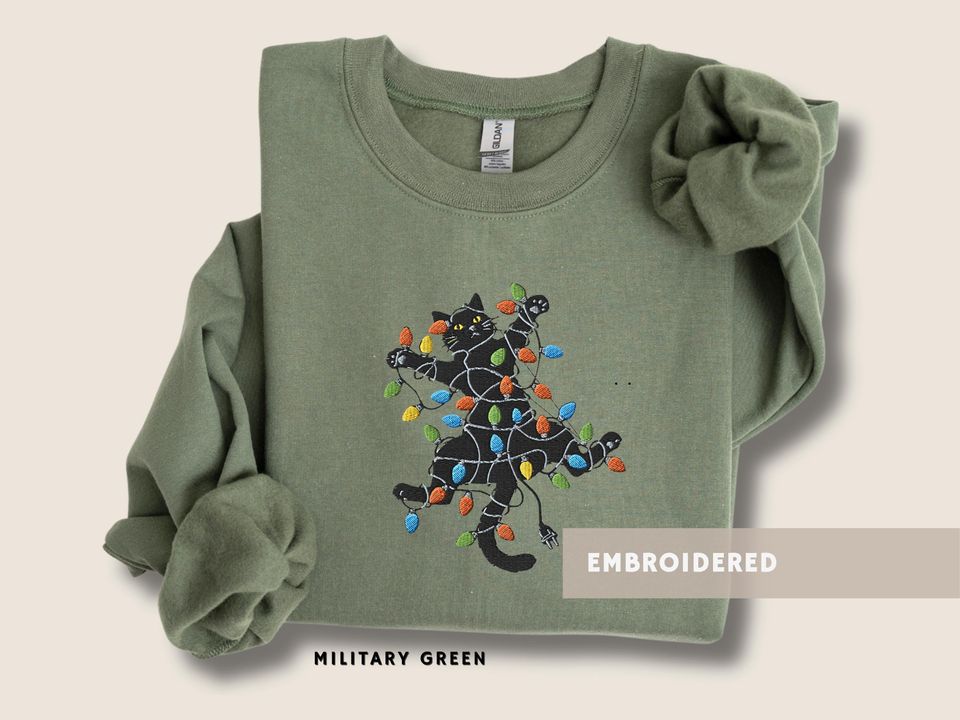 Black Cat Embroidered Sweatshirt Festive Lights Jumper Funny Holiday Jumper Cute Gift for Cat Lover Ugly Sweater Cozy Gift Cat Embroidery