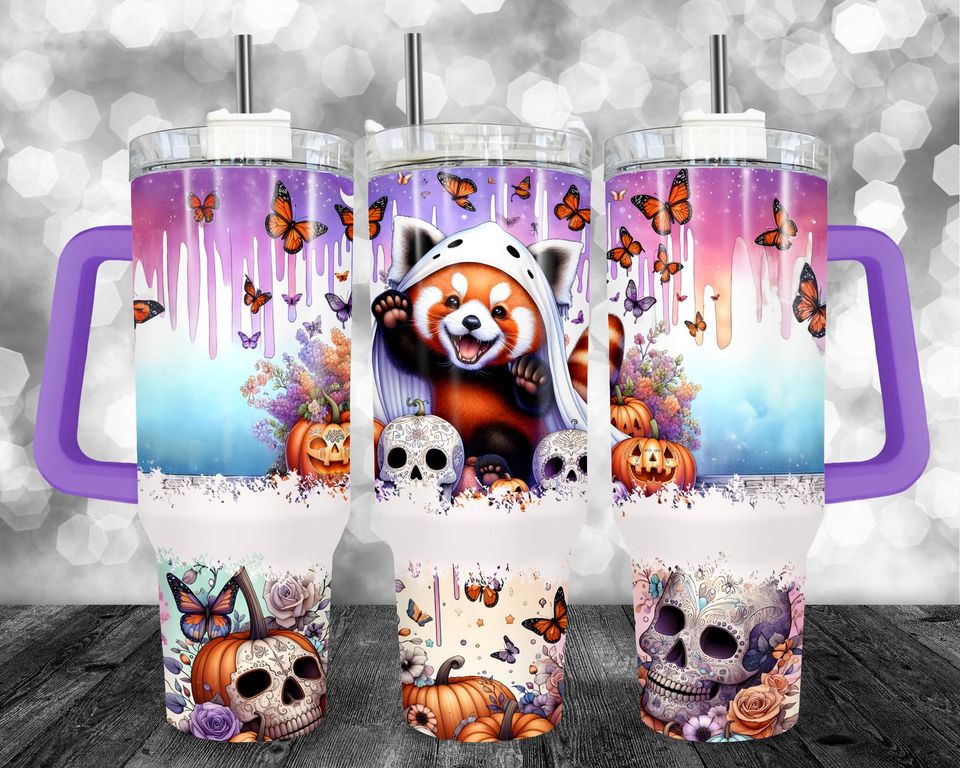 Halloween Cute Spooky Red Panda Tumbler Wrap, Funny Fall 40oz Tumbler Sublimation design, Cute Ghost