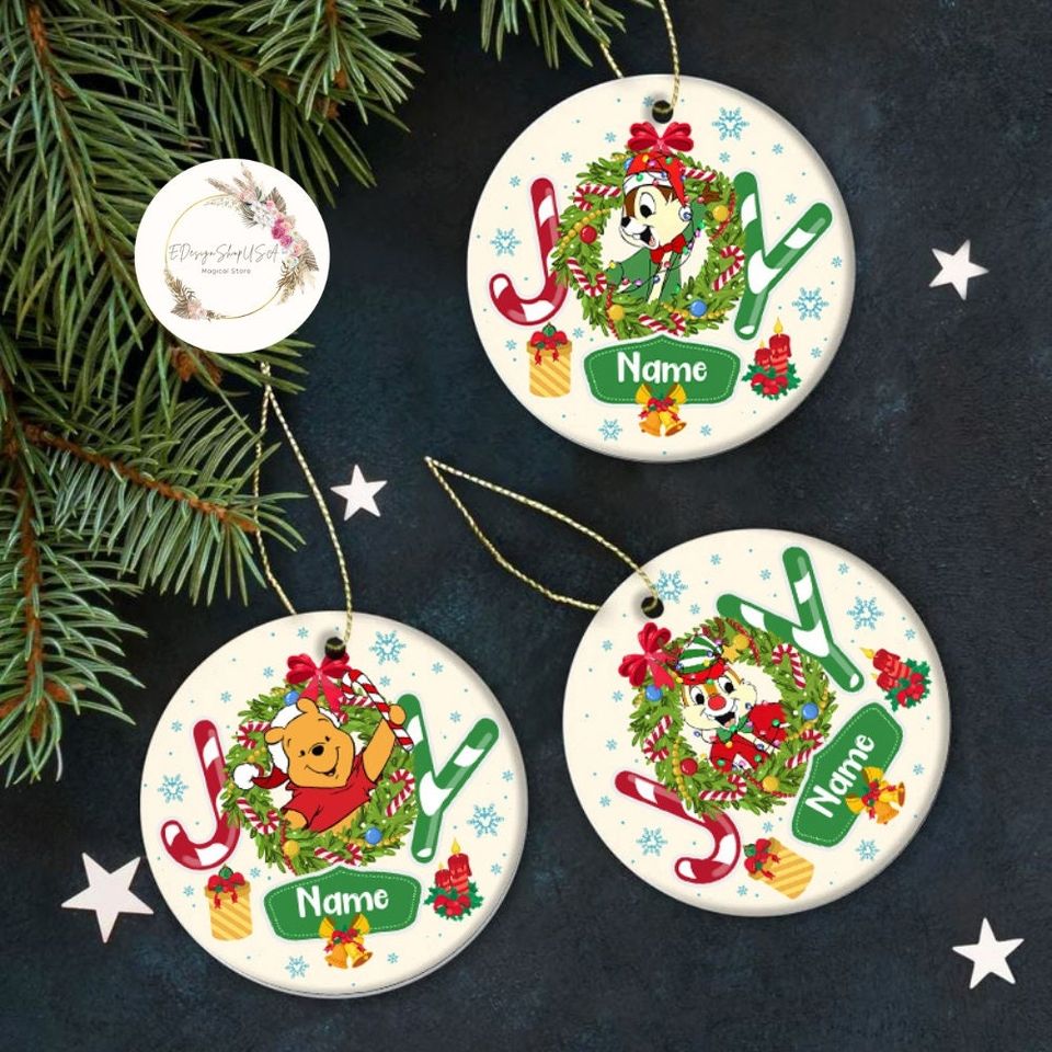 Personalized All Characters Joy Disney Christmas Ornament, Mickey and Friends Christmas Wreath