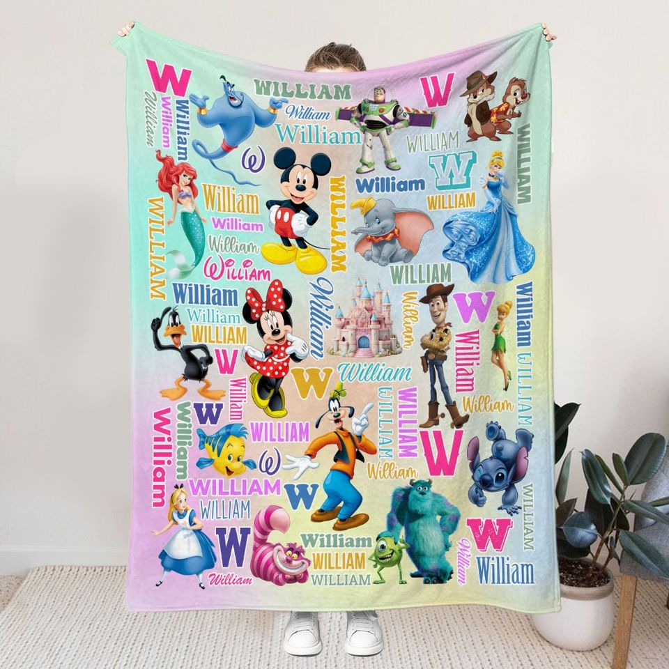 Personalized Multi Disney Characters Blanket, Disney Birthday Gift