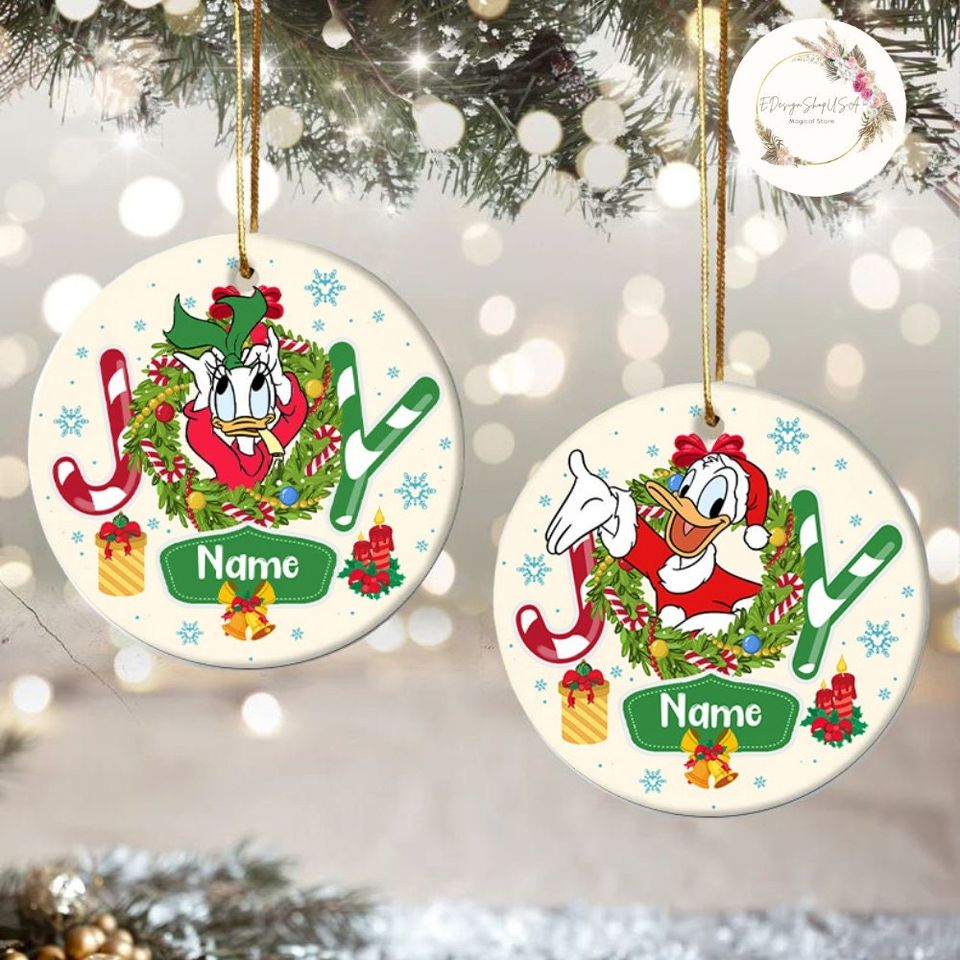 Personalized All Characters Joy Disney Christmas Ornament, Mickey and Friends Christmas Wreath