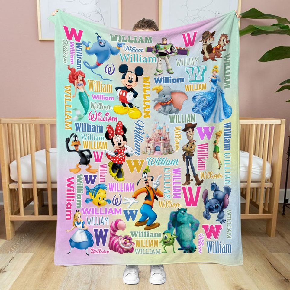 Personalized Multi Disney Characters Blanket, Disney Birthday Gift