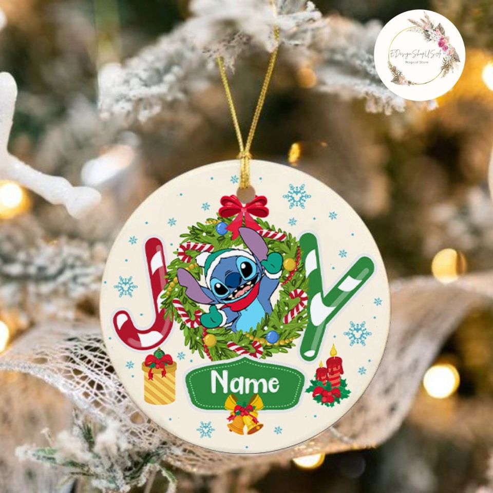 Personalized All Characters Joy Disney Christmas Ornament, Mickey and Friends Christmas Wreath