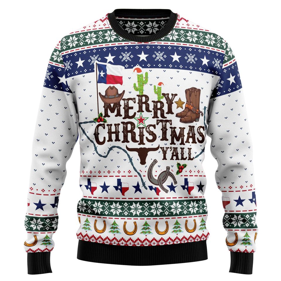 Merry Christmas Y'all Texas Ugly Christmas Sweater, Cowboy Boots Hat Cactus