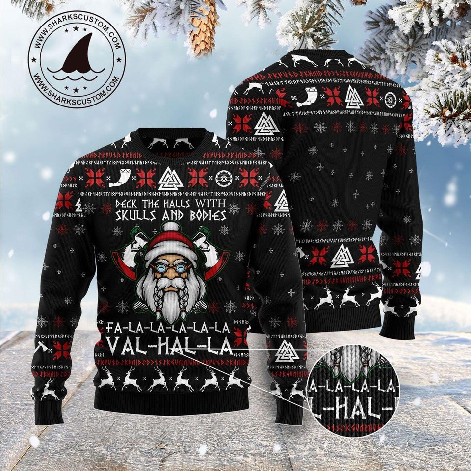 Viking Valhalla Christmas Sweater Funny Skull Santa Custom Face Pullover