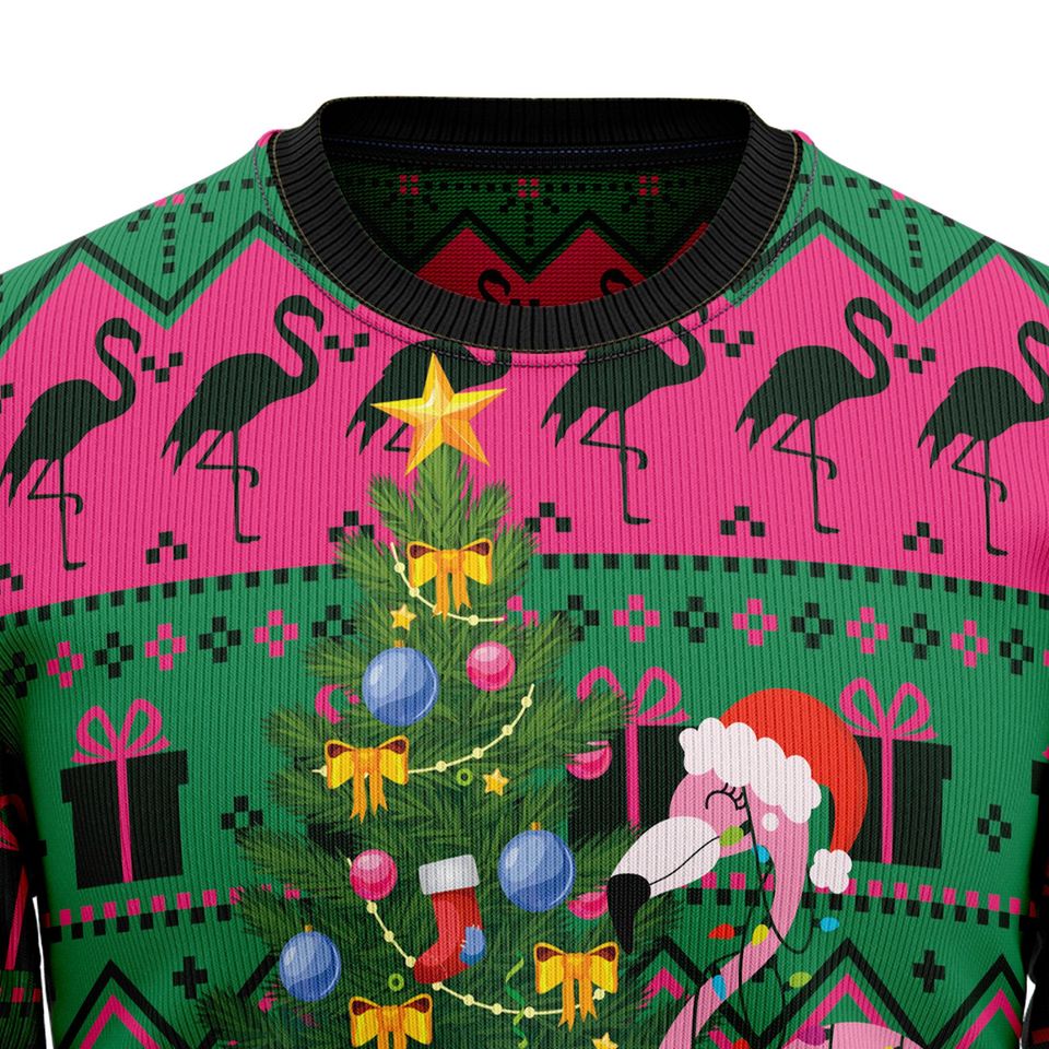 Flamingo Christmas Tree Ugly Christmas Sweater, Tropical Holiday Tree Pullover