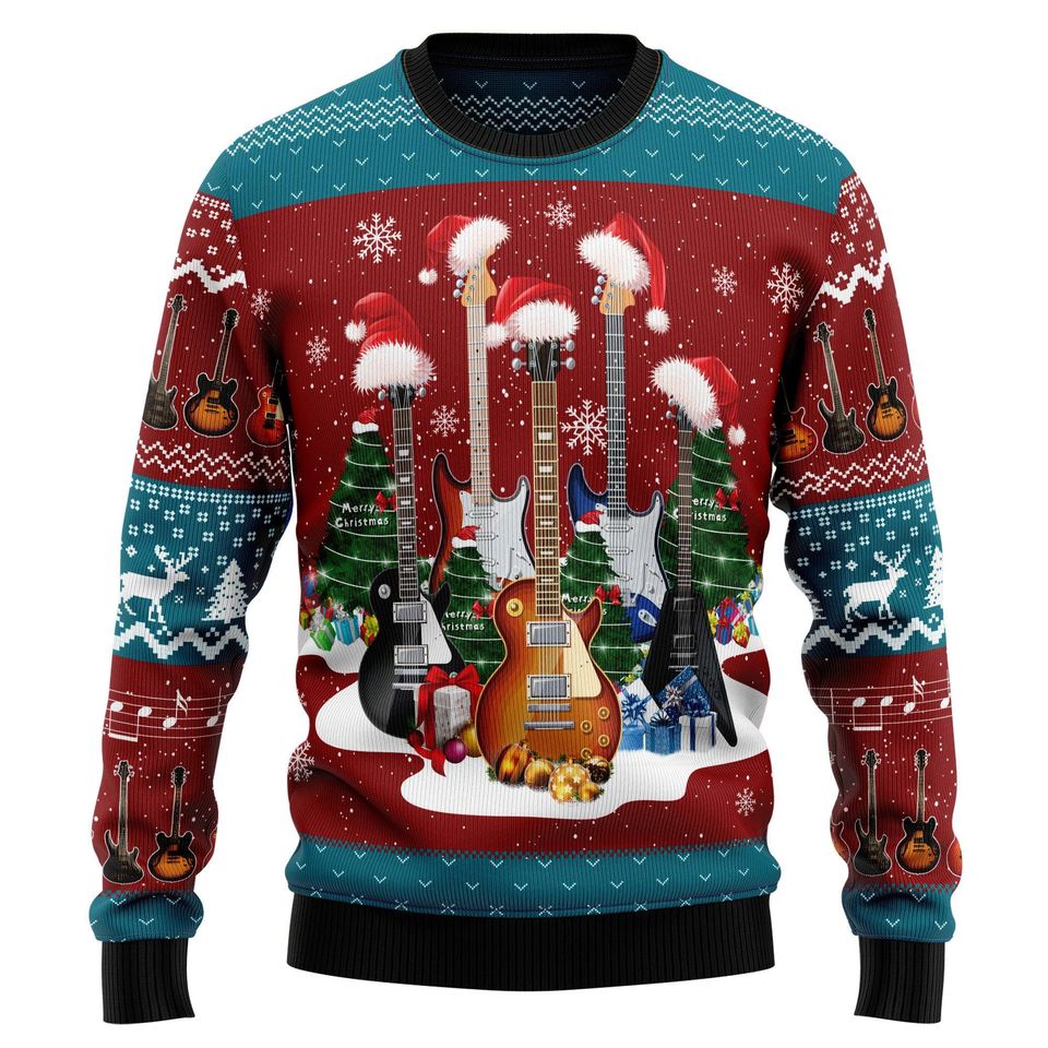 Ugly Christmas Sweater, Electric Guitar Music Lover, Santa Hat Holiday Pullover