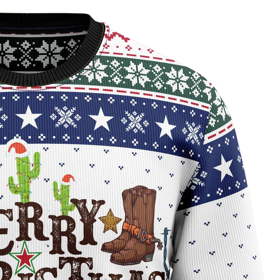 Merry Christmas Y'all Texas Ugly Christmas Sweater, Cowboy Boots Hat Cactus