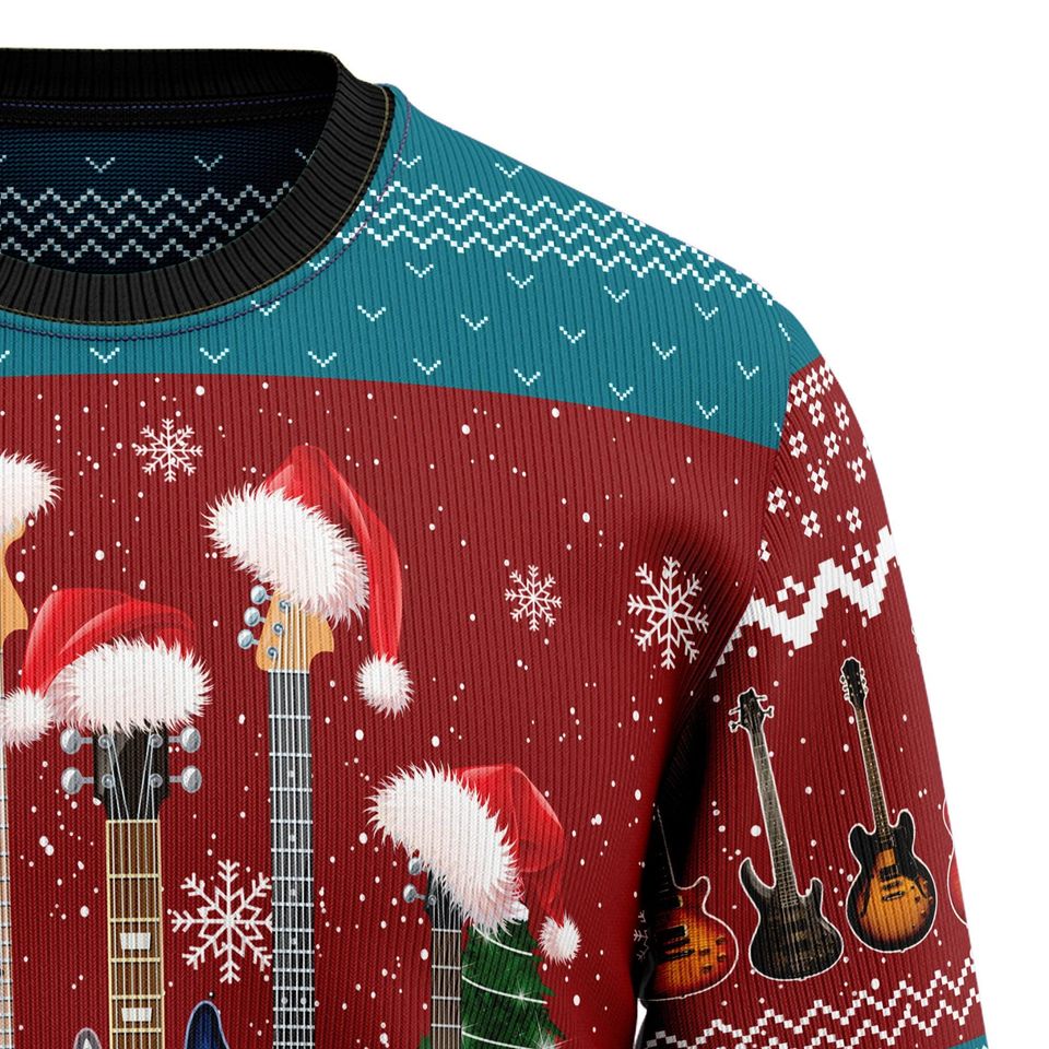 Ugly Christmas Sweater, Electric Guitar Music Lover, Santa Hat Holiday Pullover