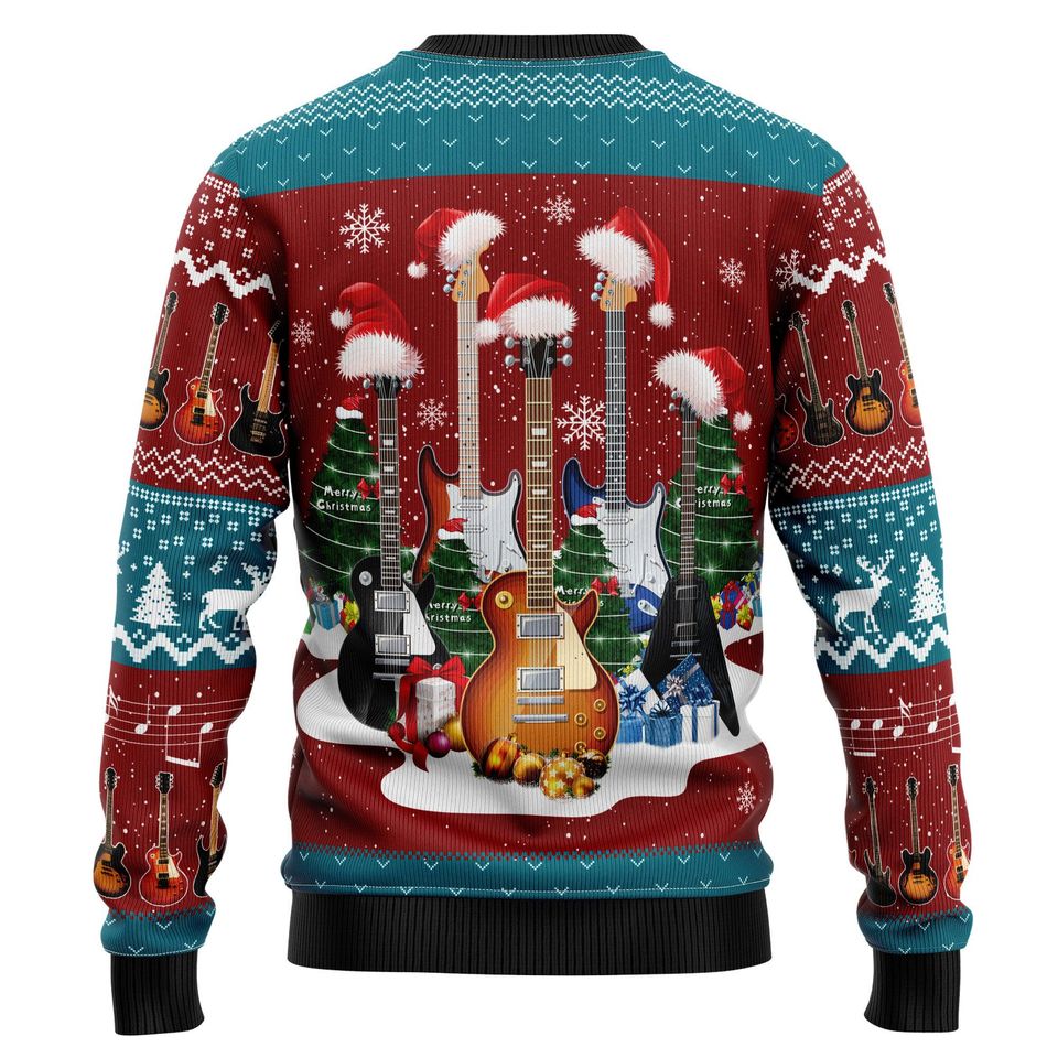Ugly Christmas Sweater, Electric Guitar Music Lover, Santa Hat Holiday Pullover