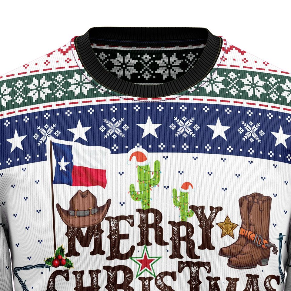 Merry Christmas Y'all Texas Ugly Christmas Sweater, Cowboy Boots Hat Cactus