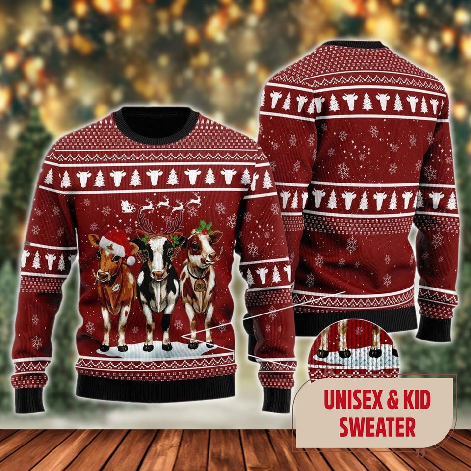 Funny Cow Santa Hat Ugly Christmas Sweater, Funny Cow Santa Hat Xmas Sweatshirt, Funny Cow Christmas Gift For Men Women Kid
