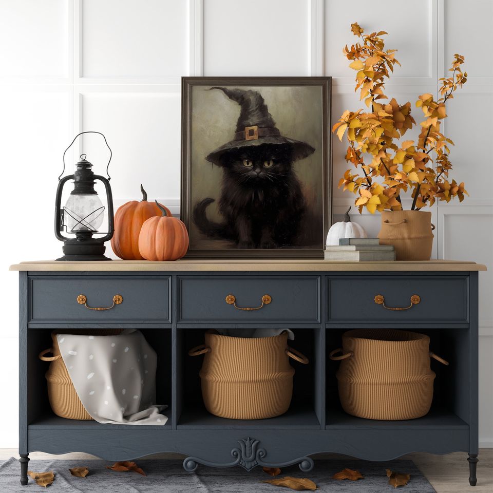 Halloween Wall Art Printable Vintage Halloween Rustic Halloween Decor Cute Black Cat