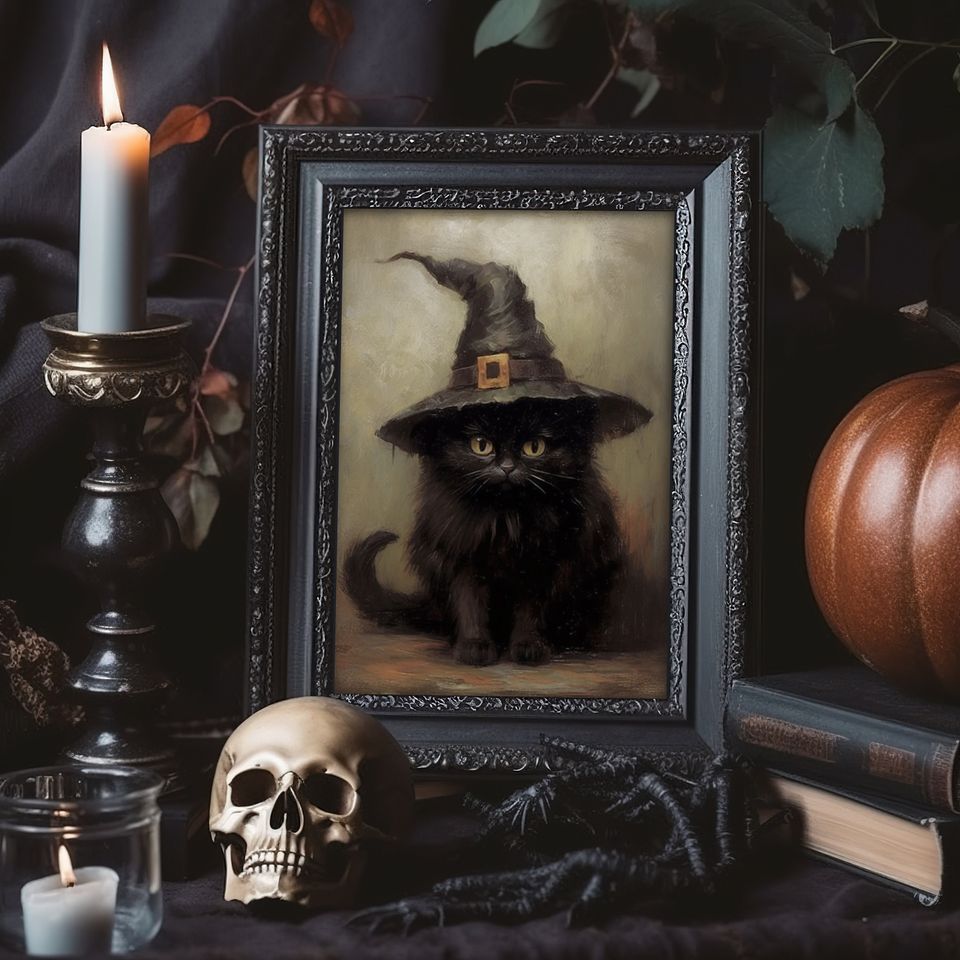 Halloween Wall Art Printable Vintage Halloween Rustic Halloween Decor Cute Black Cat
