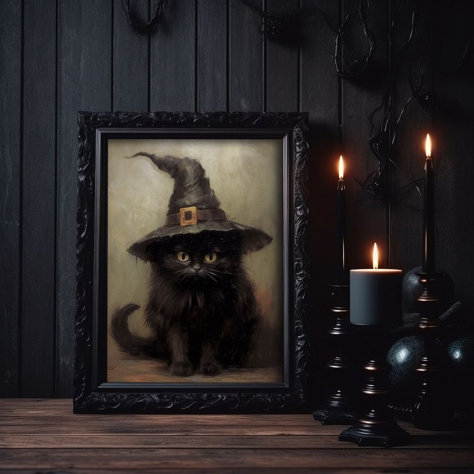 Halloween Wall Art Printable Vintage Halloween Rustic Halloween Decor Cute Black Cat