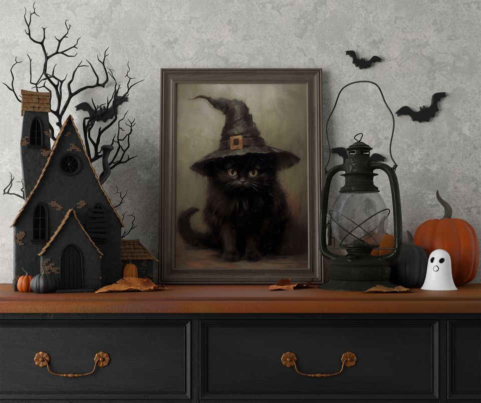 Halloween Wall Art Printable Vintage Halloween Rustic Halloween Decor Cute Black Cat