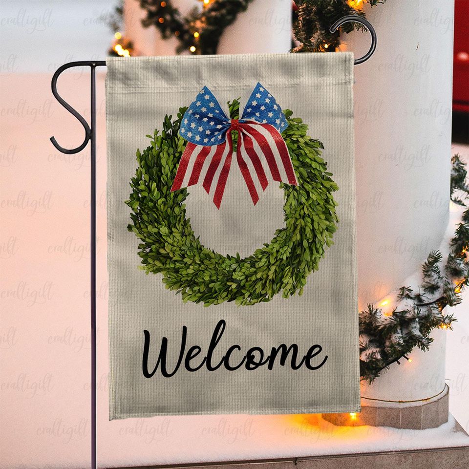 Rustic Welcome American Wreath Flag, Decorative Welcome Door Flag, Memorial Day Patriotic Yard Flag, Everyday Welcome Garden Decor, MYJ942