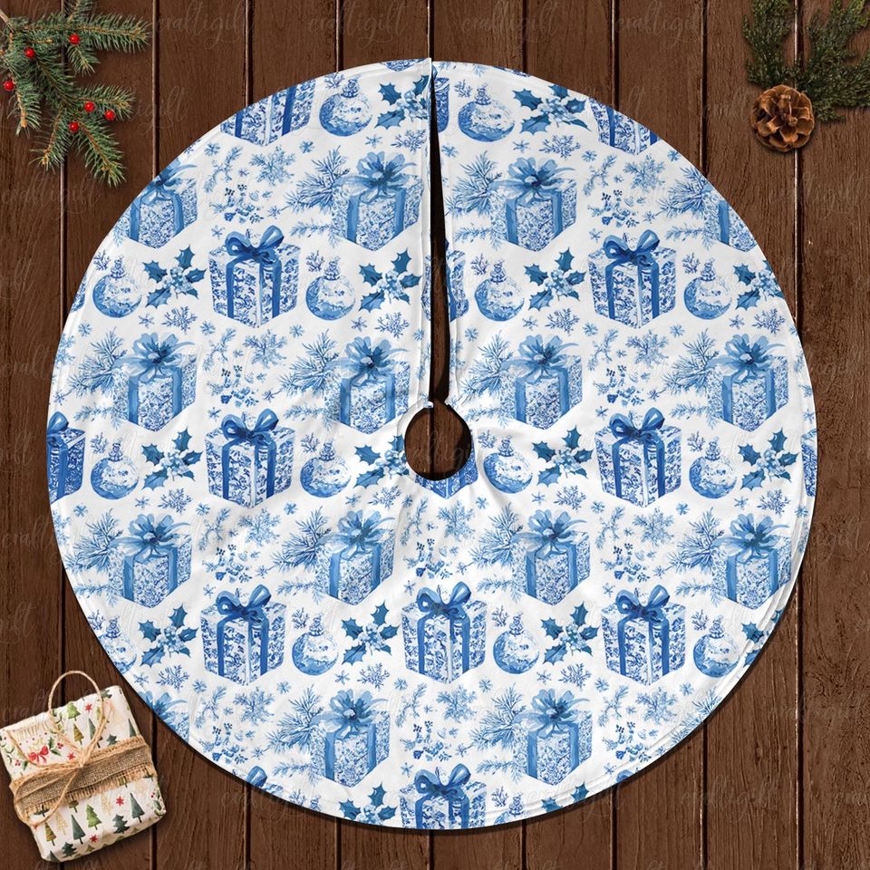 Blue Gift Box Holiday Tree Skirt, Snowflake And Gift Tree Skirt, Winter Wonderland Blue Tree Skirt, Christmas Tree Skirt Home Decor, MYJ875