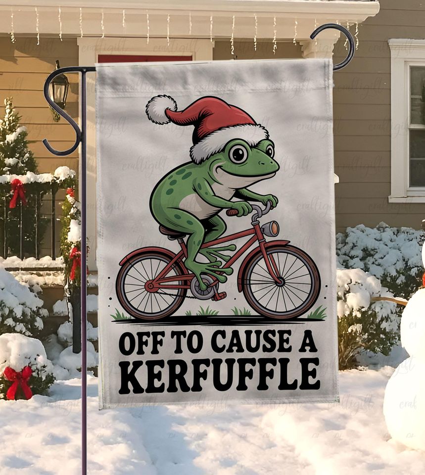Off To Cause A Kerfuffle Frog Flag, Mental Health Frog Santa Hat Flag, Funny Weirdcore Meme Yard Decor, Christmas Whimsical Adventure Flag