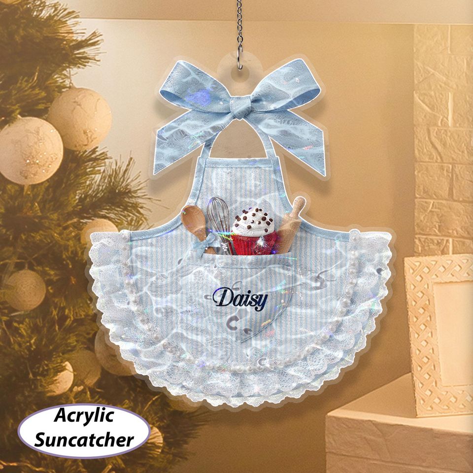 Custom Name Blue Girly Apron Ornament, Baking Christmas Ribbon Ornament, Housewife Holiday Keepsake, Sweet And Dessert Lover Present, MYK355