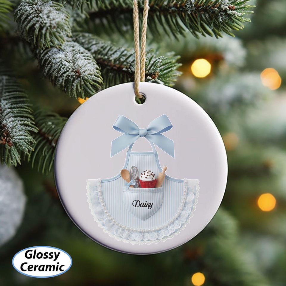 Custom Name Blue Girly Apron Ornament, Baking Christmas Ribbon Ornament, Housewife Holiday Keepsake, Sweet And Dessert Lover Present, MYK355