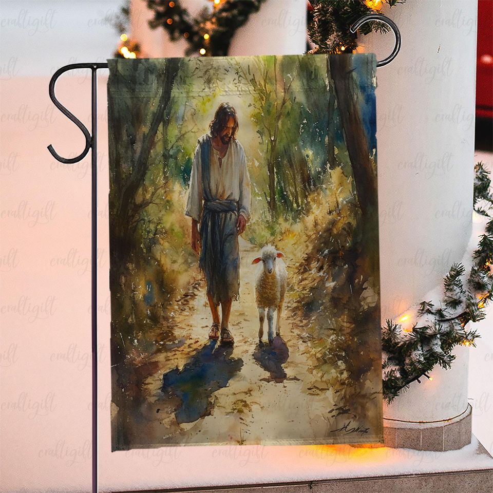 Jesus With Lamb Yard Flag, Inspirational Faith House Flag, Peaceful Religious Holiday Porch Flag, Good Shepherd Christian Decor Flag, MYC850