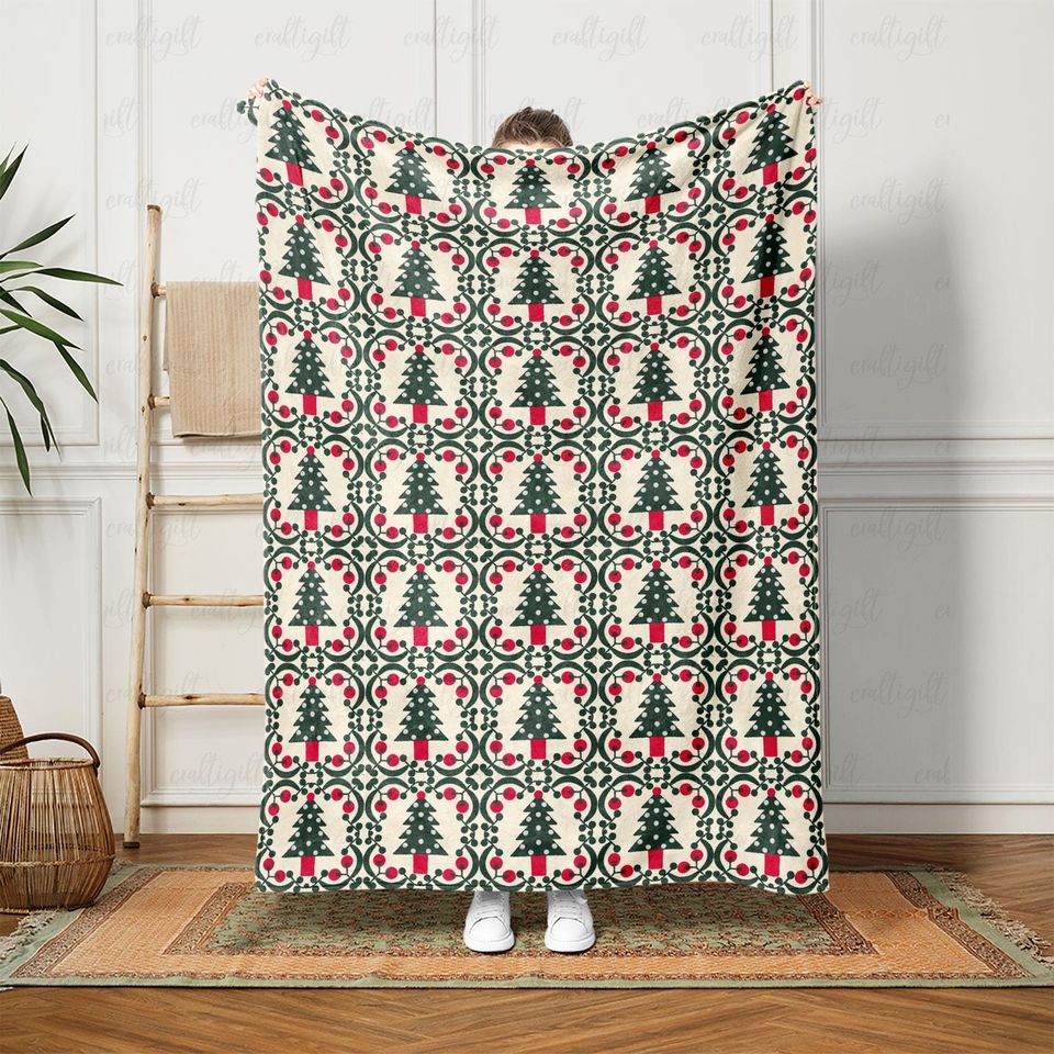 Rustic Cabin Christmas Tree Soft Blanket, Nordic Christmas Tree Blanket, Winter Forest Tree Blanket, Elegant Holiday Patchwork Throw, VTB306
