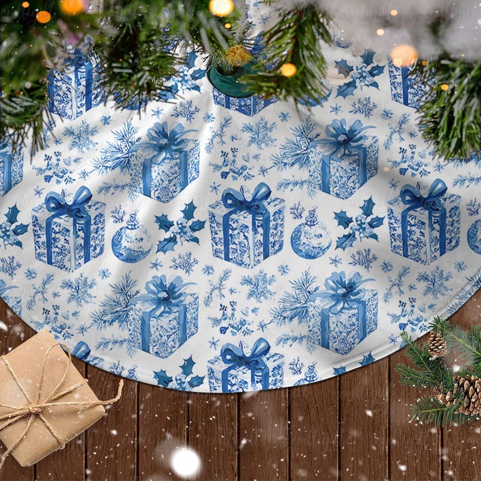 Blue Gift Box Holiday Tree Skirt, Snowflake And Gift Tree Skirt, Winter Wonderland Blue Tree Skirt, Christmas Tree Skirt Home Decor, MYJ875