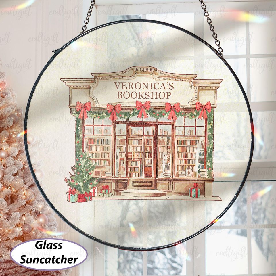 Custom Kawaii Christmas Bookshop Suncatcher, Book Store With Red Bows Ornament, Xmas Reading Nook Decor, Xmas Gift For Mom Girlfriend MYK235