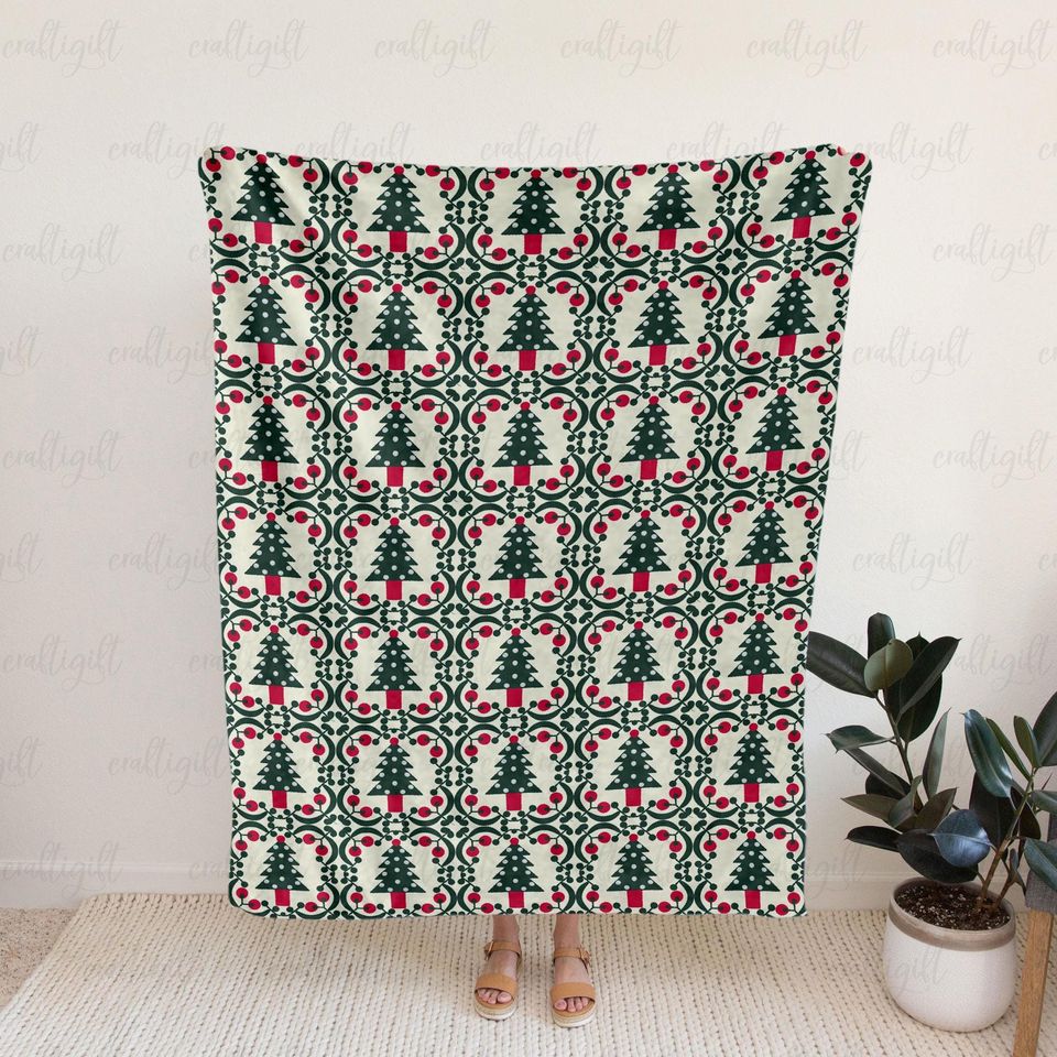 Rustic Cabin Christmas Tree Soft Blanket, Nordic Christmas Tree Blanket, Winter Forest Tree Blanket, Elegant Holiday Patchwork Throw, VTB306