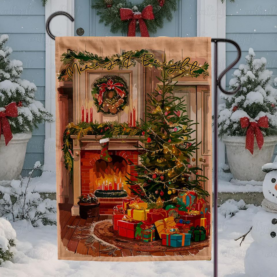 Vintage Christmas Home Garden Flag, Golden Tree Holiday Scene Flag, Merry & Bright Christmas Flag, Cozy Fireplace Holiday Scene Flag, MYK124