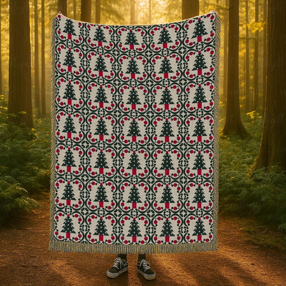 Rustic Cabin Christmas Tree Soft Blanket, Nordic Christmas Tree Blanket, Winter Forest Tree Blanket, Elegant Holiday Patchwork Throw, VTB306
