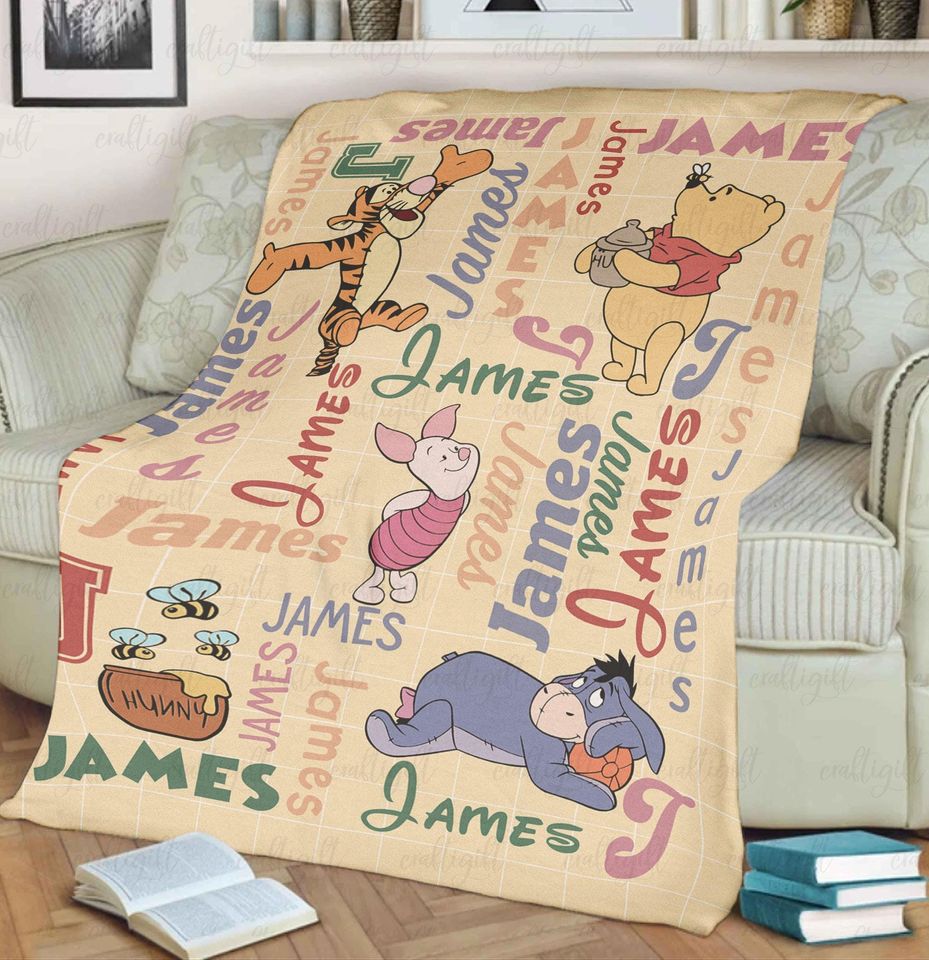 Personalized Pooh Bear And Friends Blanket, Winnie The Pooh Fleece Blanket Name