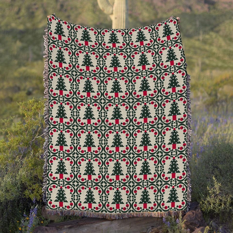 Rustic Cabin Christmas Tree Soft Blanket, Nordic Christmas Tree Blanket, Winter Forest Tree Blanket, Elegant Holiday Patchwork Throw, VTB306