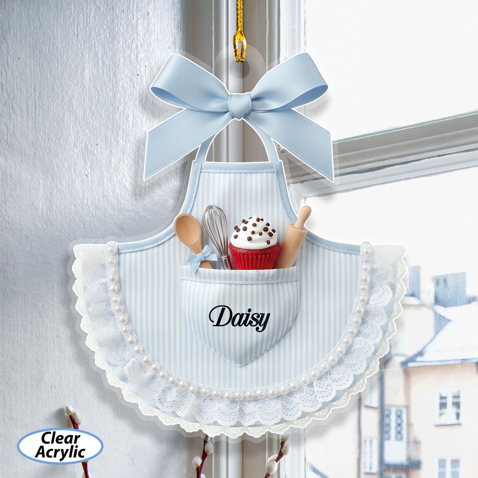 Custom Name Blue Girly Apron Ornament, Baking Christmas Ribbon Ornament, Housewife Holiday Keepsake, Sweet And Dessert Lover Present, MYK355