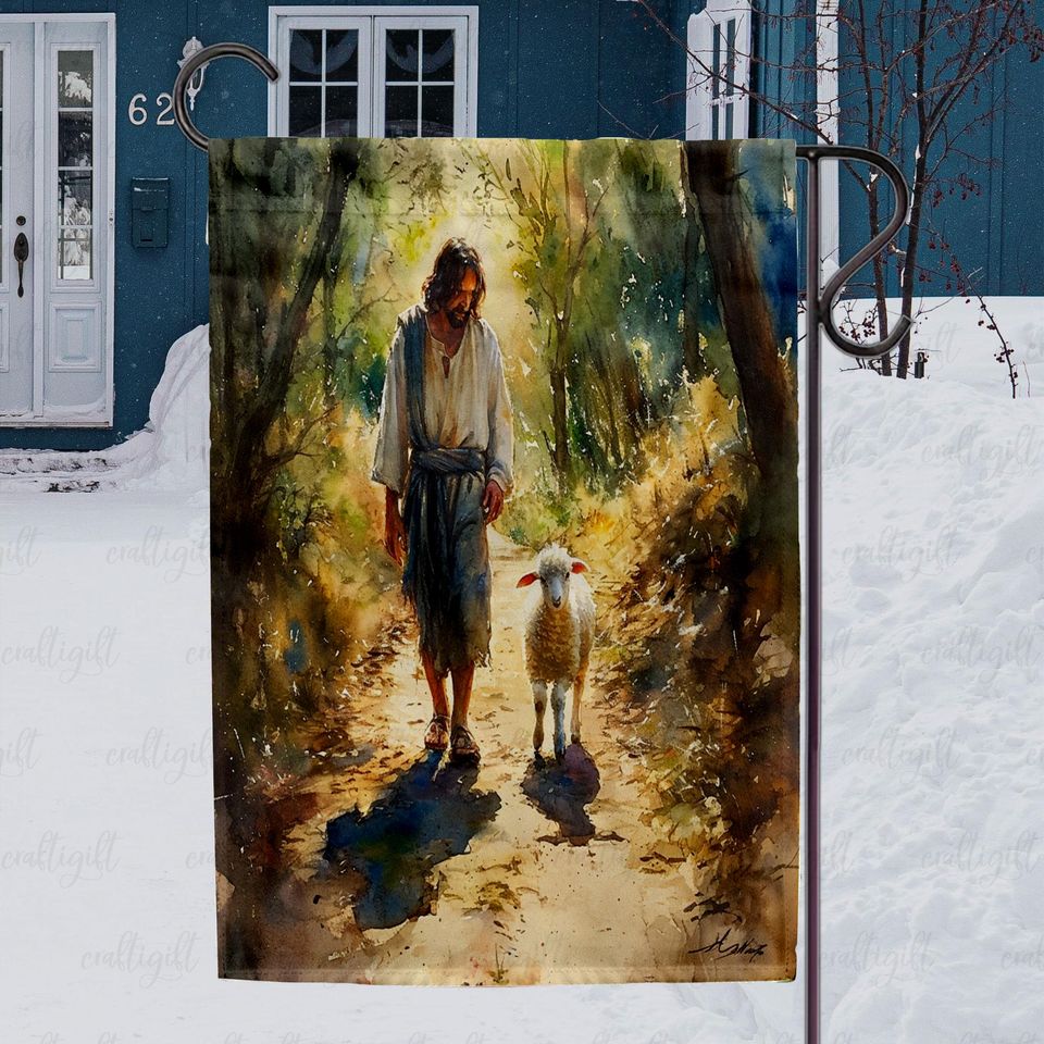 Jesus With Lamb Yard Flag, Inspirational Faith House Flag, Peaceful Religious Holiday Porch Flag, Good Shepherd Christian Decor Flag, MYC850