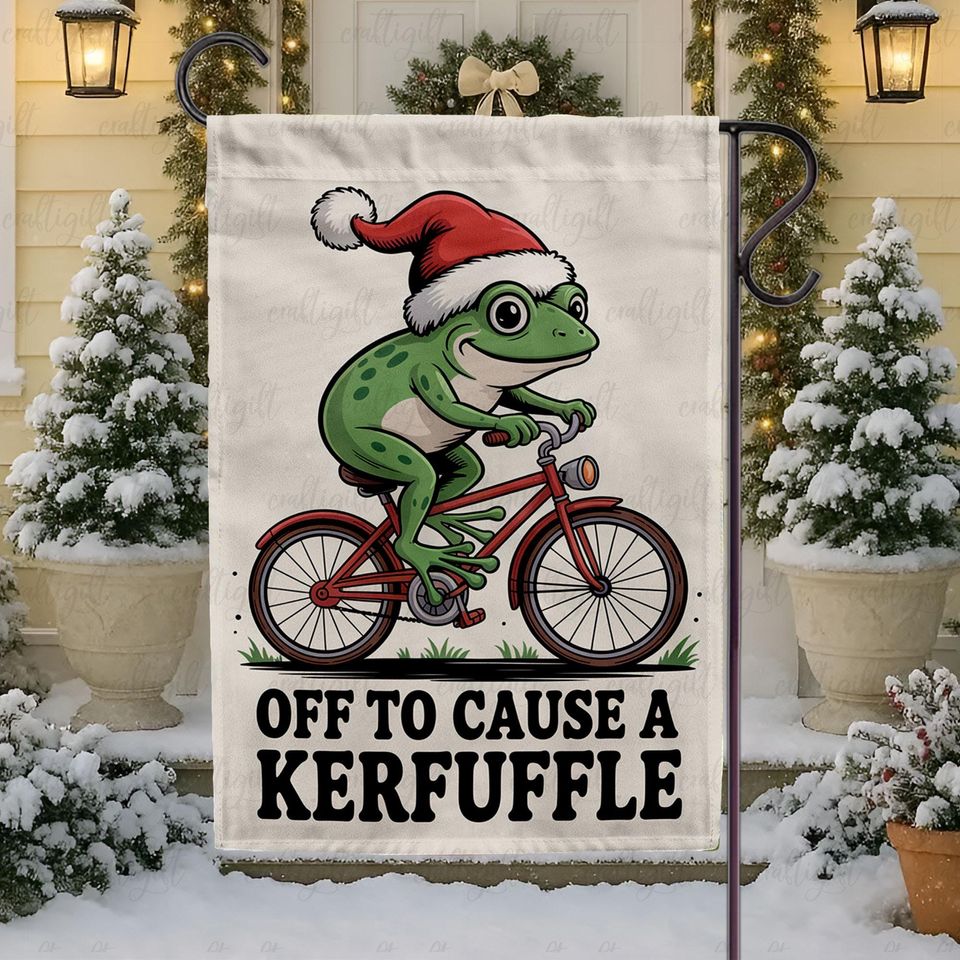 Off To Cause A Kerfuffle Frog Flag, Mental Health Frog Santa Hat Flag, Funny Weirdcore Meme Yard Decor, Christmas Whimsical Adventure Flag