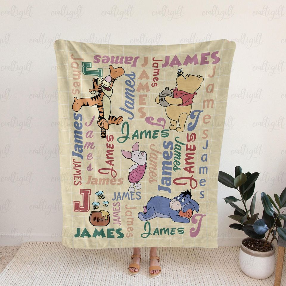 Personalized Pooh Bear And Friends Blanket, Winnie The Pooh Fleece Blanket Name