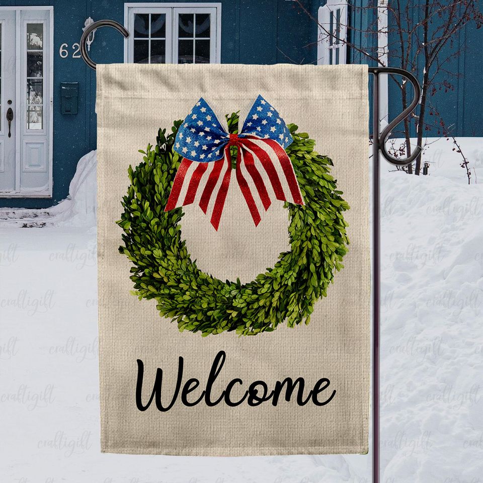 Rustic Welcome American Wreath Flag, Decorative Welcome Door Flag, Memorial Day Patriotic Yard Flag, Everyday Welcome Garden Decor, MYJ942