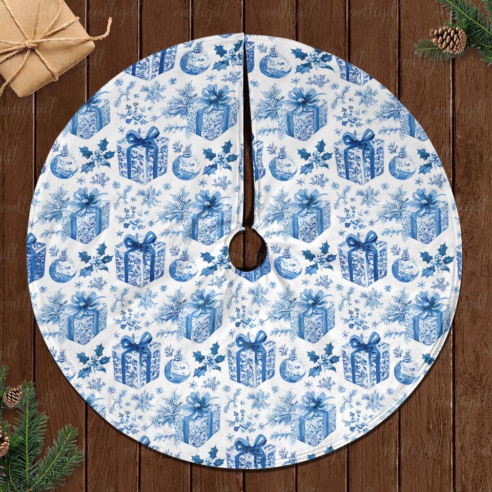Blue Gift Box Holiday Tree Skirt, Snowflake And Gift Tree Skirt, Winter Wonderland Blue Tree Skirt, Christmas Tree Skirt Home Decor, MYJ875