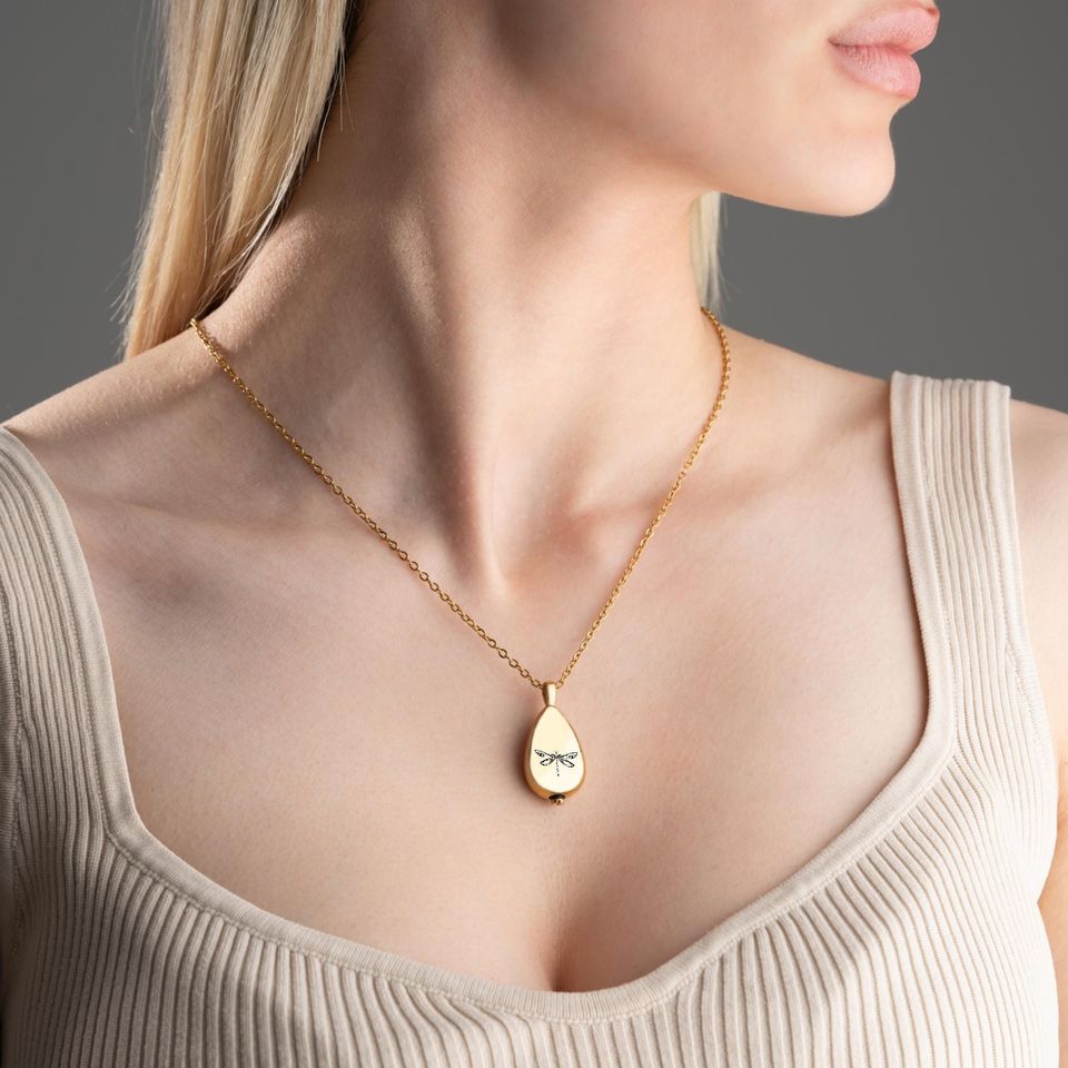 Teardrop Dragonfly Necklace Keepsake Personalized Urn Ash Holder Adjustable Memorial Jewelry Engraved Cremation Pendant
