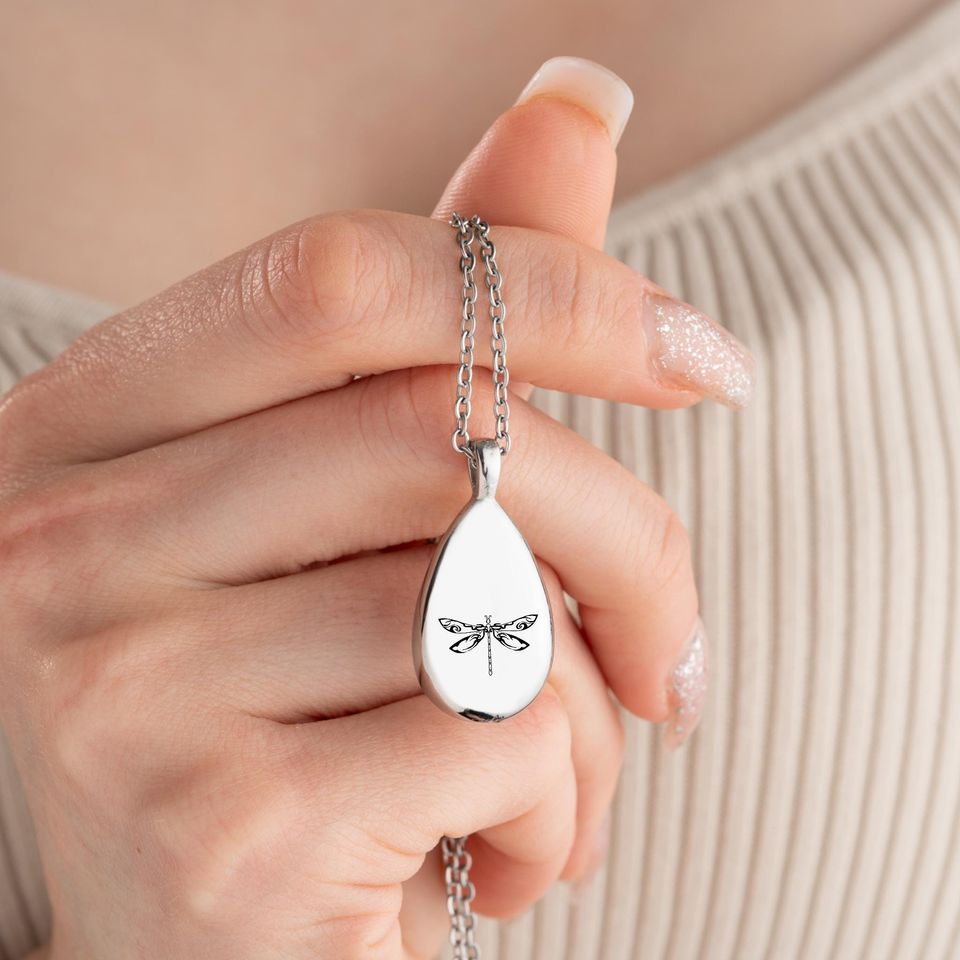 Teardrop Dragonfly Necklace Keepsake Personalized Urn Ash Holder Adjustable Memorial Jewelry Engraved Cremation Pendant