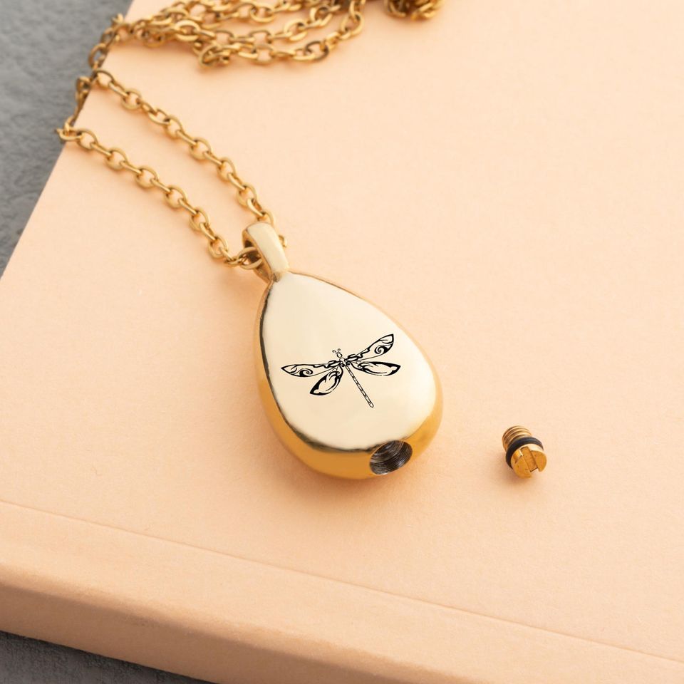 Teardrop Dragonfly Necklace Keepsake Personalized Urn Ash Holder Adjustable Memorial Jewelry Engraved Cremation Pendant