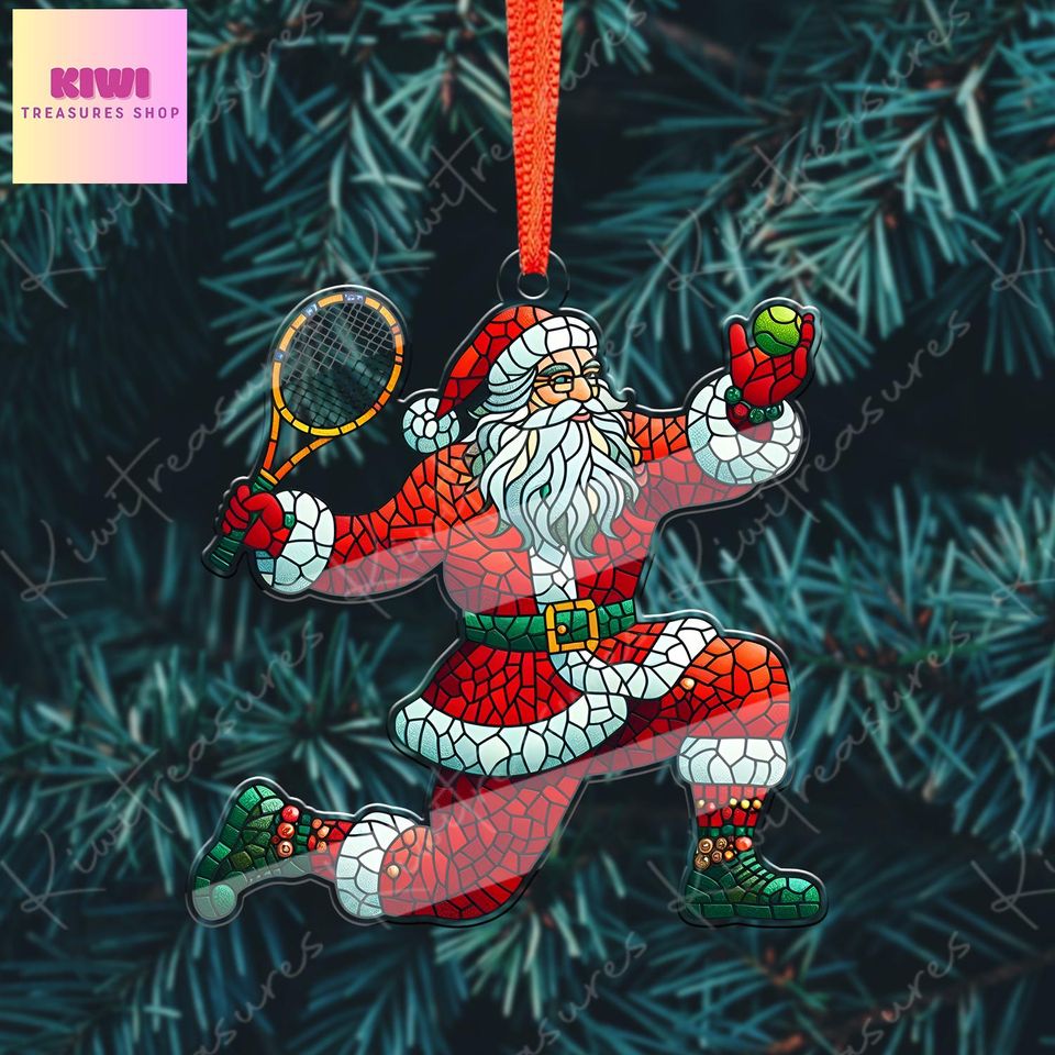 Santa Playing Tennis Ornament, Acrylic Flat Christmas Decoration
