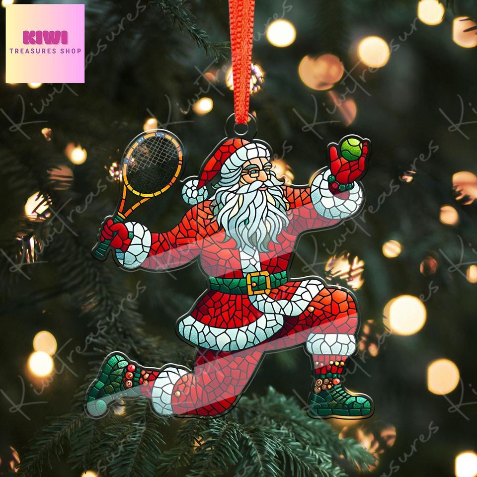 Santa Playing Tennis Ornament, Acrylic Flat Christmas Decoration